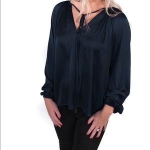 Long Sleeve keyhole Blouse with Tie